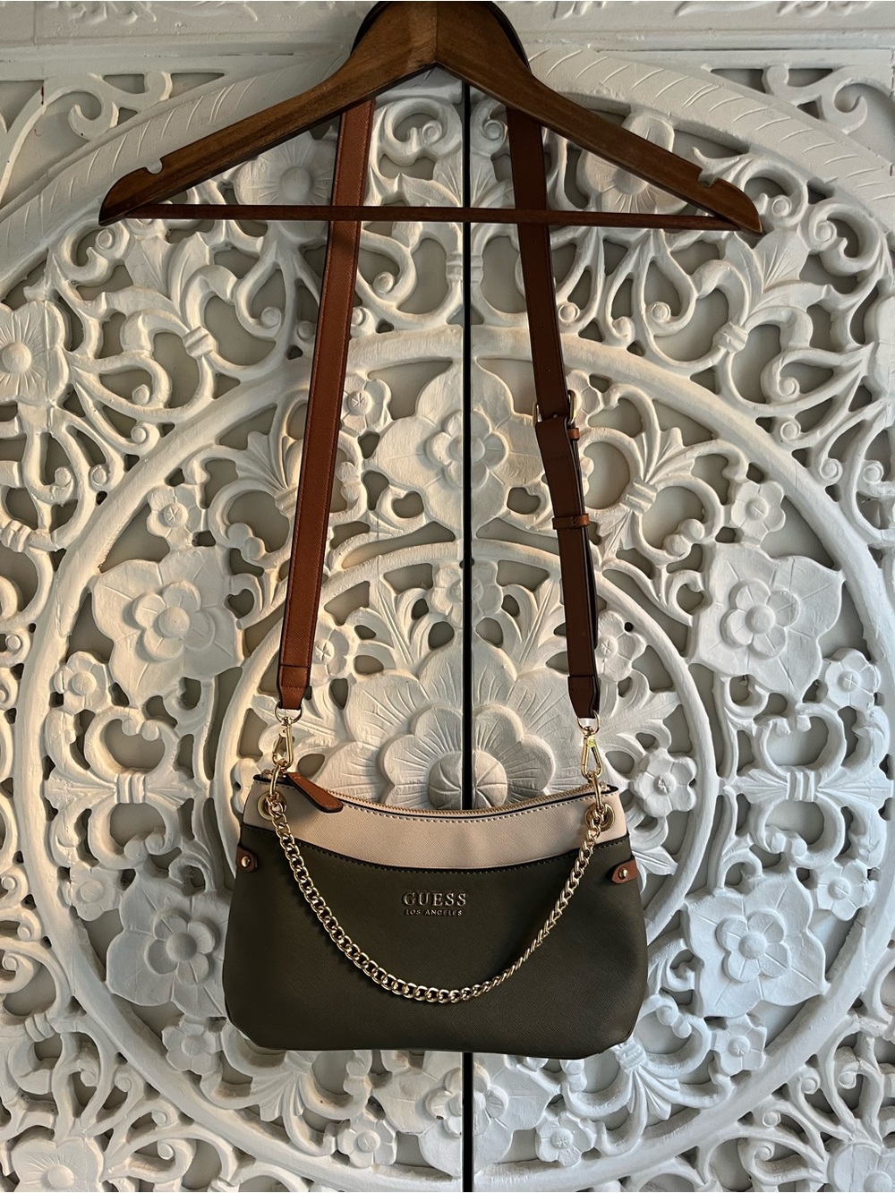 GUESS Olive Green Colorblock Crossbody Shoulder Bag Gold Chain
